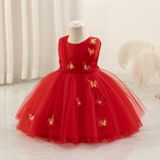Cute Puffy Mesh Ball Gown Tea Length Dress for Girls – Applique & Bow Party Outfit