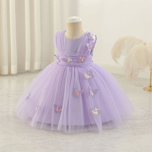 Cute Puffy Mesh Ball Gown Tea Length Dress for Girls – Applique & Bow Party Outfit