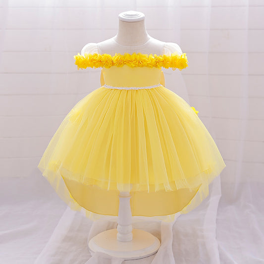 Puffy Off-Shoulder Princess Dress for Girls | High-Low Mesh Flower Girl Gown
