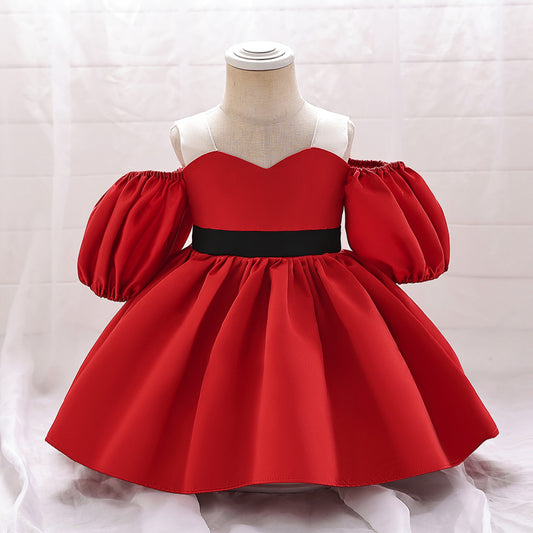 Puffy Off-Shoulder Satin Baby Girl Dress with Ruffles for Parties & Special Events