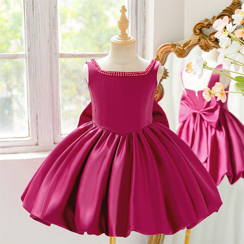 Puffy Bowknot Satin Flower Girl Dress – Princess Ball Gown for Kids