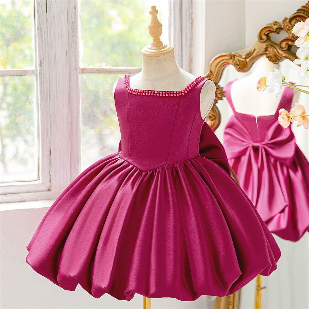 Puffy Bowknot Satin Flower Girl Dress – Princess Ball Gown for Kids