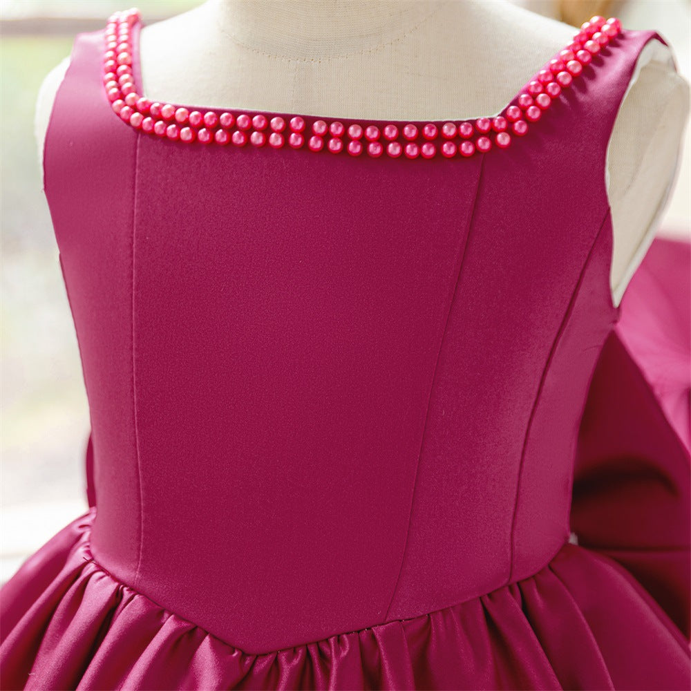 Puffy Bowknot Satin Flower Girl Dress – Princess Ball Gown for Kids