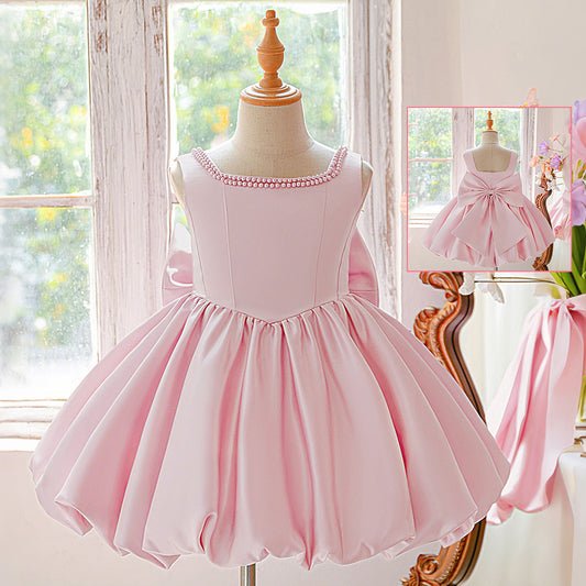 Puffy Bowknot Satin Flower Girl Dress – Princess Ball Gown for Kids