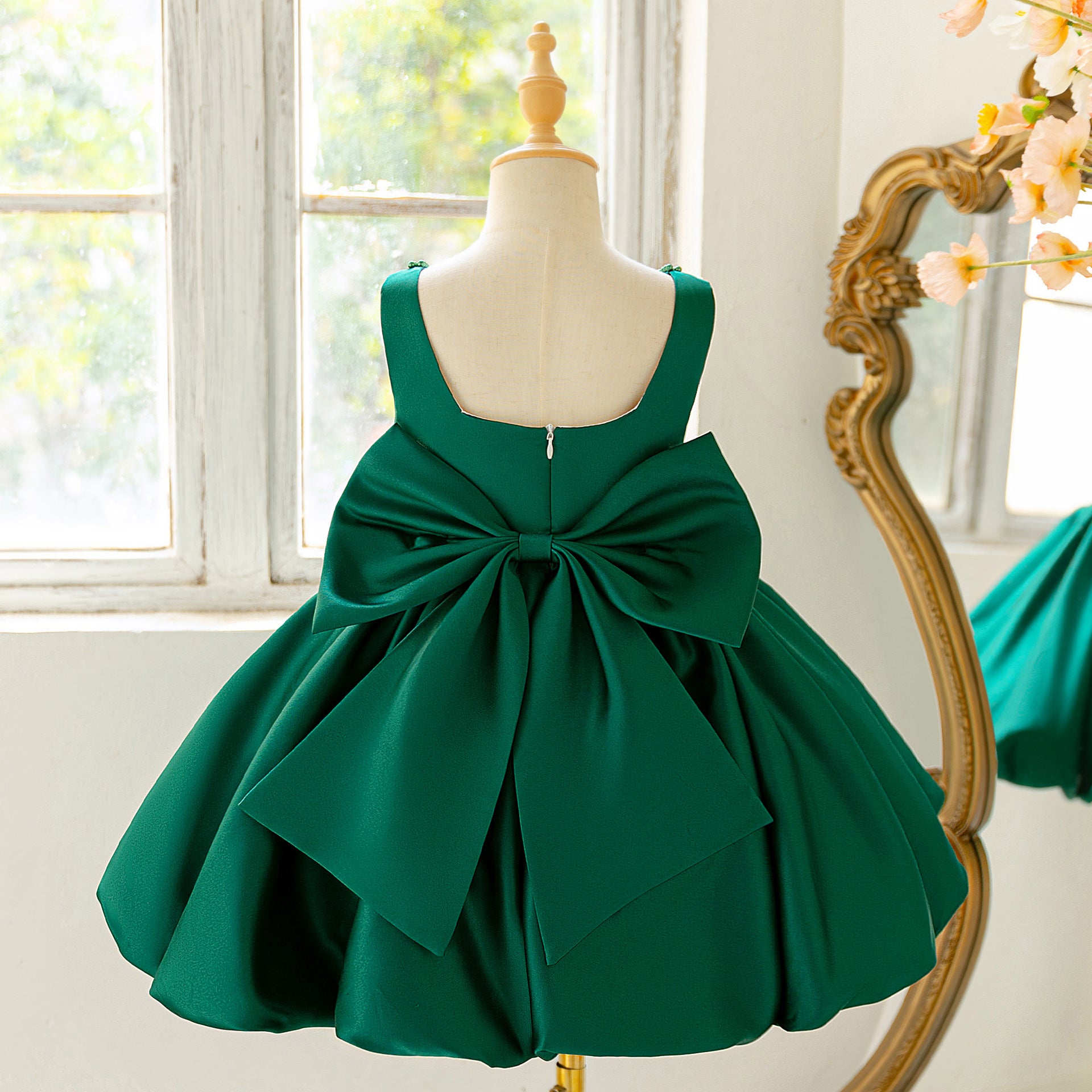 Puffy Bowknot Satin Flower Girl Dress – Princess Ball Gown for Kids
