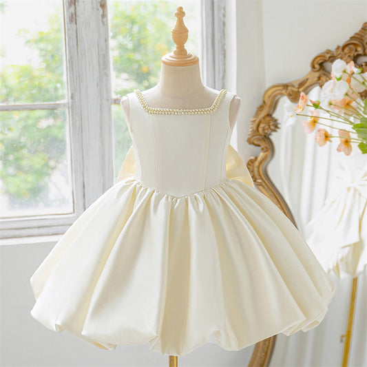 Puffy Bowknot Satin Flower Girl Dress – Princess Ball Gown for Kids
