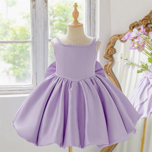 Puffy Bowknot Satin Flower Girl Dress – Princess Ball Gown for Kids