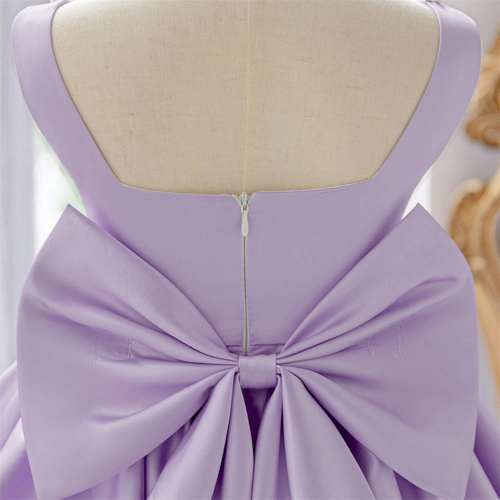 Puffy Bowknot Satin Flower Girl Dress – Princess Ball Gown for Kids