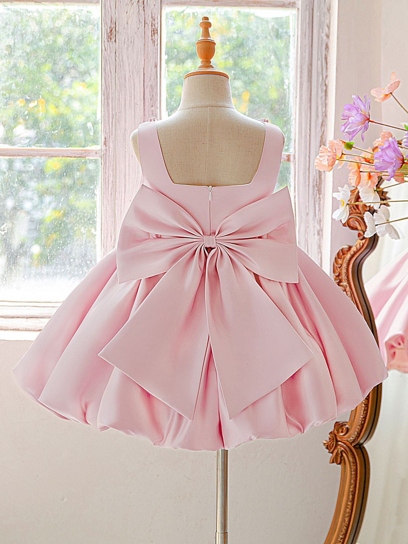 Puffy Bowknot Satin Flower Girl Dress – Princess Ball Gown for Kids