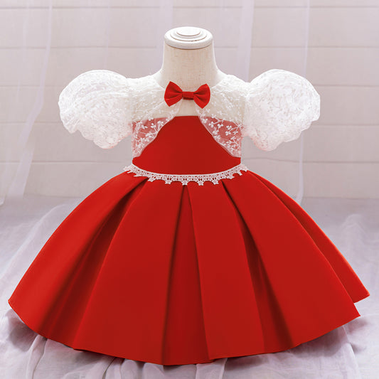 Red Puffy Satin Princess Ball Gown Dress for Girls | Embroidered Tea Length Formal Dress