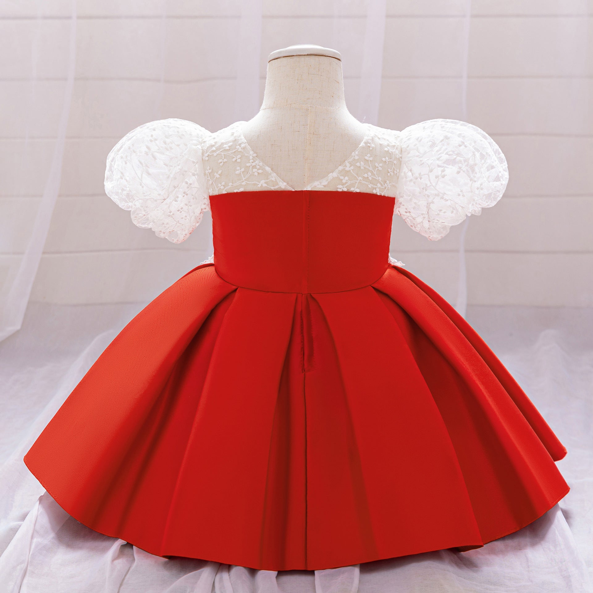 Red Puffy Satin Princess Ball Gown Dress for Girls | Embroidered Tea Length Formal Dress