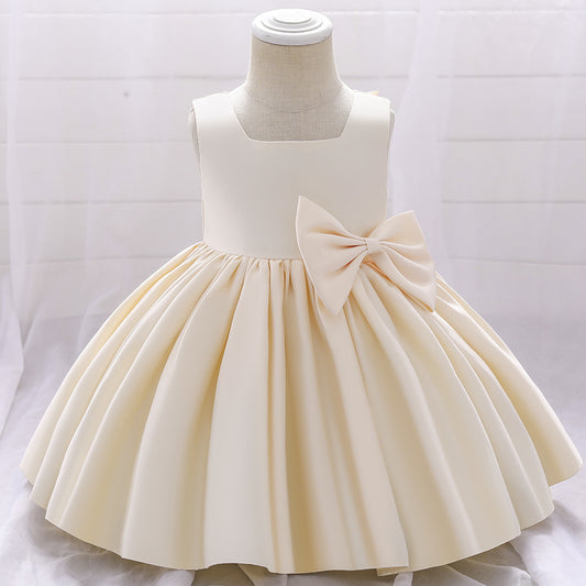 Cute Puffy Satin Princess Dress for Girls – Tea Length Party & Wedding Gown