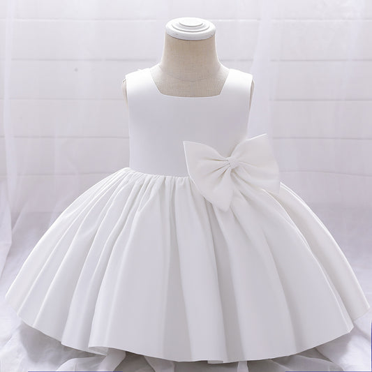 Cute Puffy Satin Princess Dress for Girls – Tea Length Party & Wedding Gown