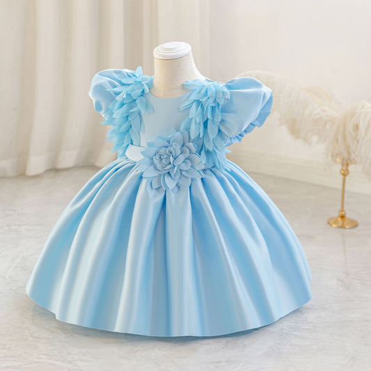 Puffy Sleeve Satin Flower Girl Dress | Kids Party & Birthday Outfit