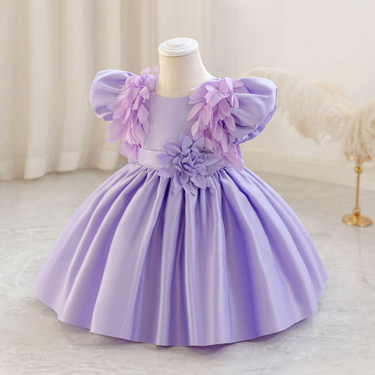 Puffy Sleeve Satin Flower Girl Dress | Kids Party & Birthday Outfit