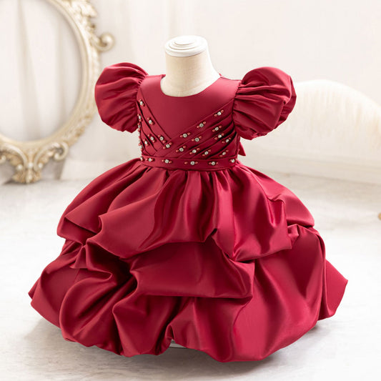 Puffy Satin Princess Dress with Sequins & Beads | Girls' Cute Party Gown