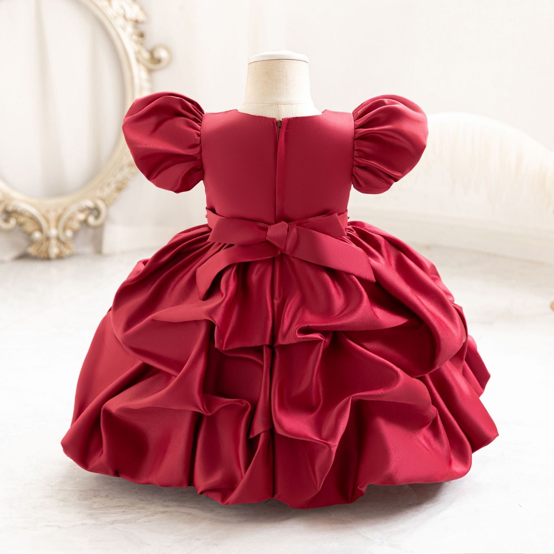 Puffy Satin Princess Dress with Sequins & Beads | Girls' Cute Party Gown