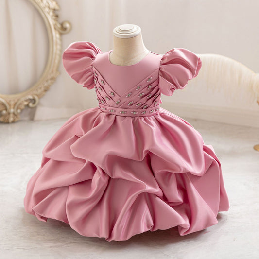 Puffy Satin Princess Dress with Sequins & Beads | Girls' Cute Party Gown