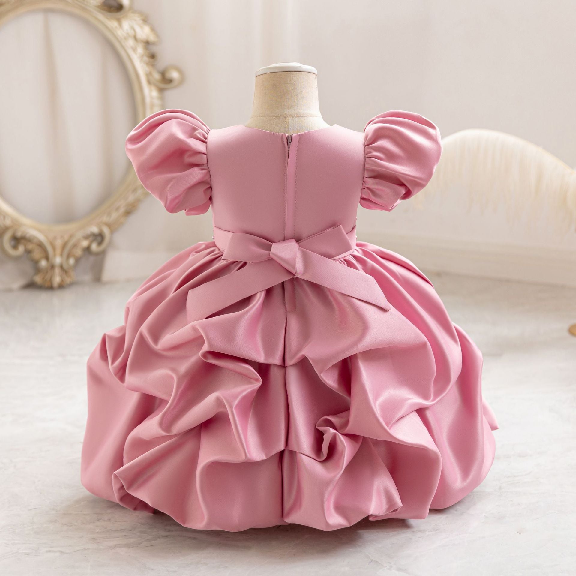 Puffy Satin Princess Dress with Sequins & Beads | Girls' Cute Party Gown