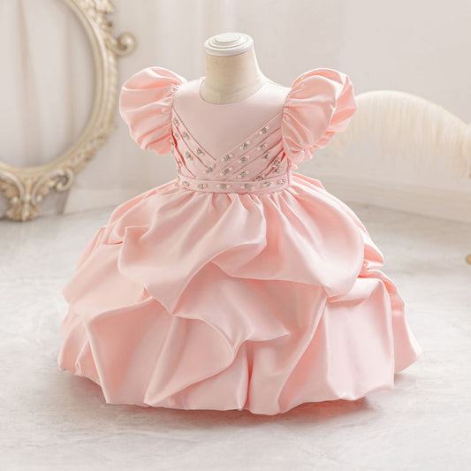 Puffy Satin Princess Dress with Sequins & Beads | Girls' Cute Party Gown