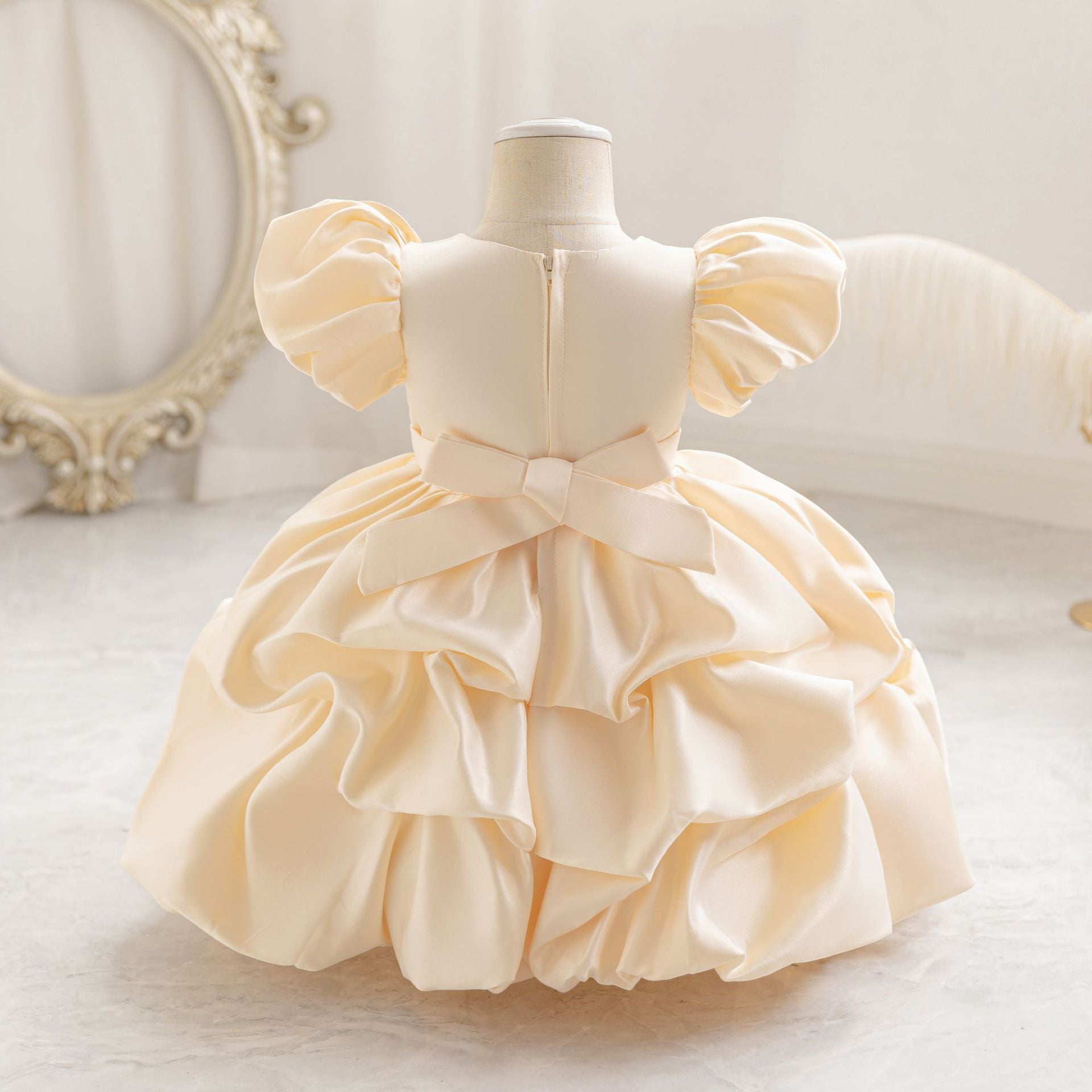Puffy Satin Princess Dress with Sequins & Beads | Girls' Cute Party Gown