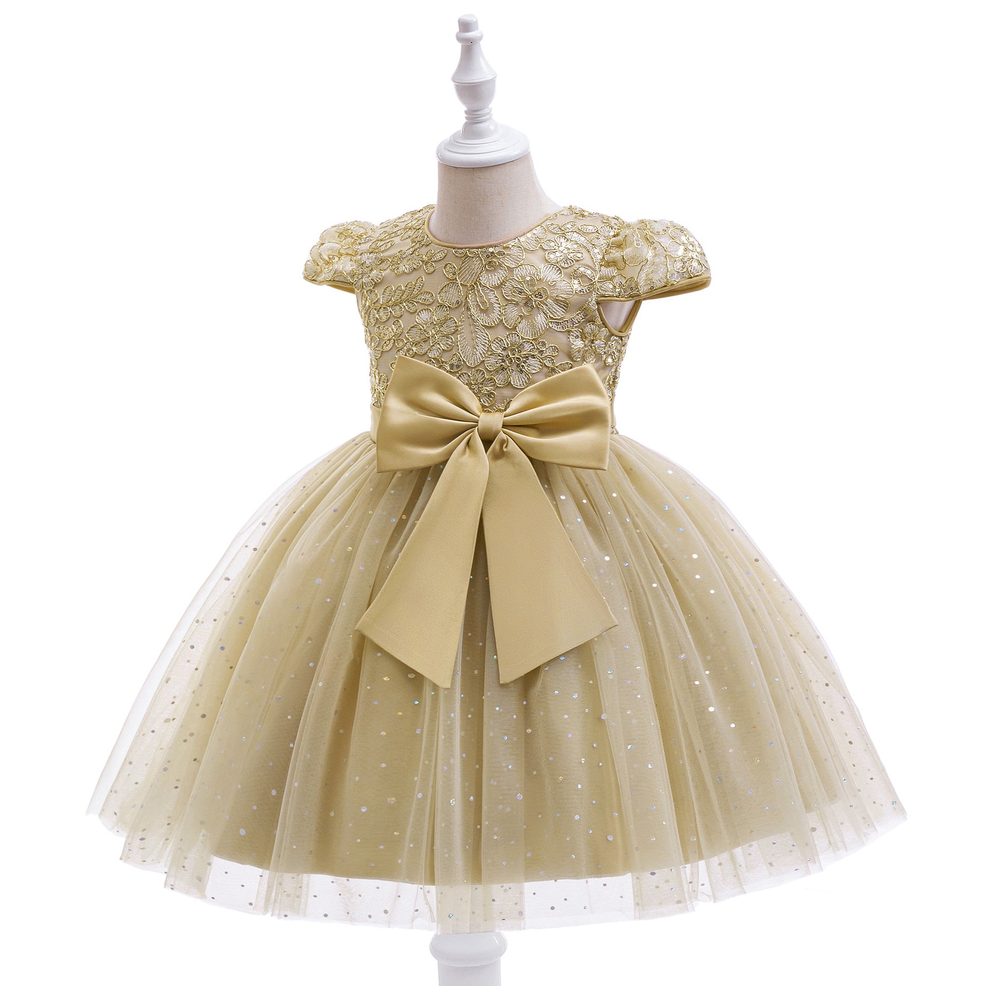 Puffy Tulle Ball Gown Dress for Girls - Lace & Bowknot Princess Party Dress