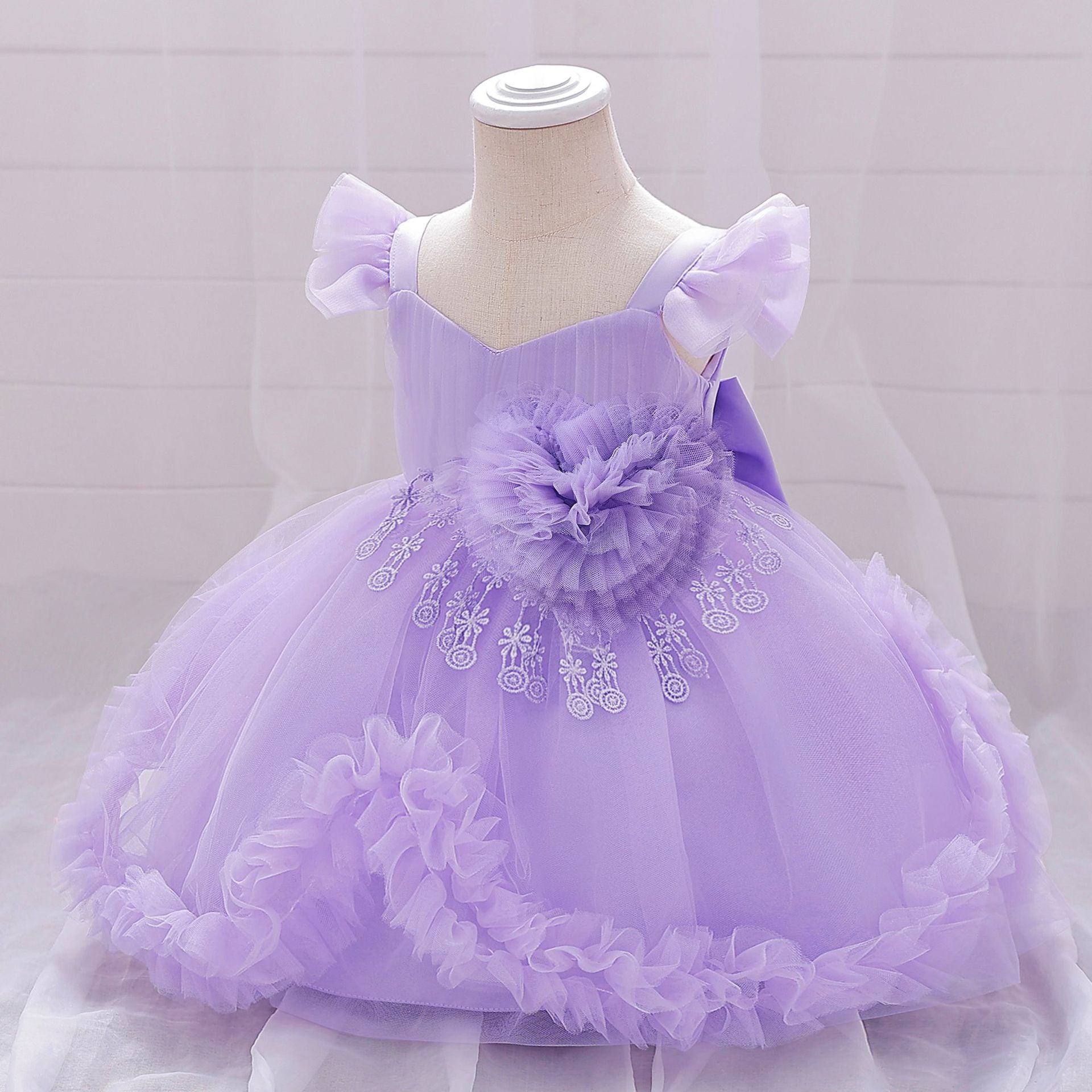 Cute Puffy Tulle Flower Girl Dress for Party & Wedding – Lace & Bow Detail