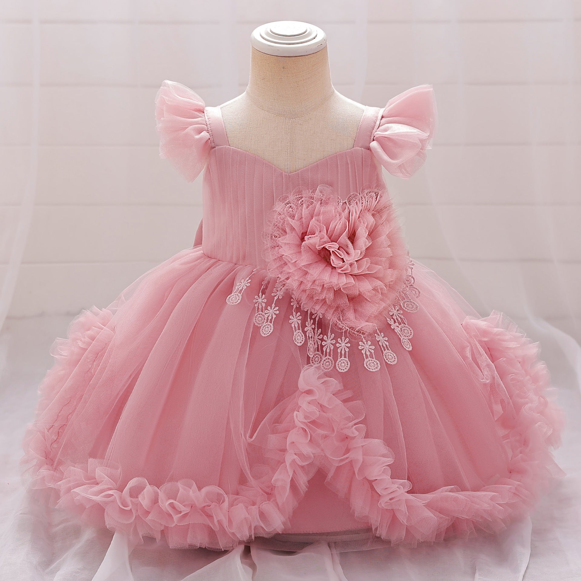 Cute Puffy Tulle Flower Girl Dress for Party & Wedding – Lace & Bow Detail