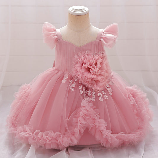 Cute Puffy Tulle Flower Girl Dress for Party & Wedding – Lace & Bow Detail