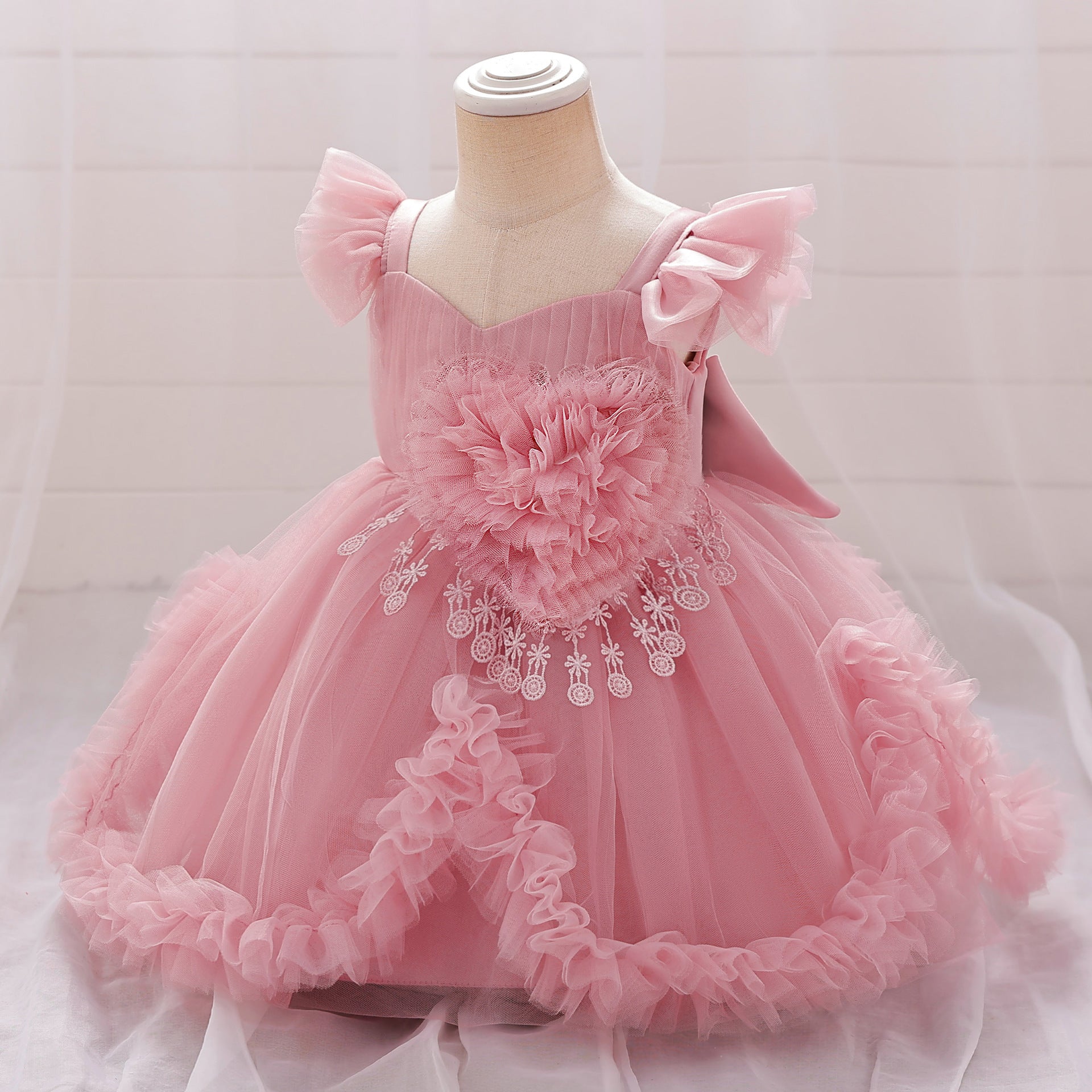 Cute Puffy Tulle Flower Girl Dress for Party & Wedding – Lace & Bow Detail