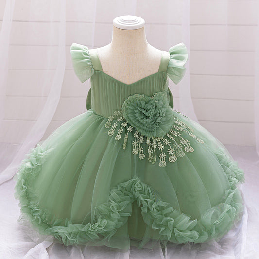 Cute Puffy Tulle Flower Girl Dress for Party & Wedding – Lace & Bow Detail