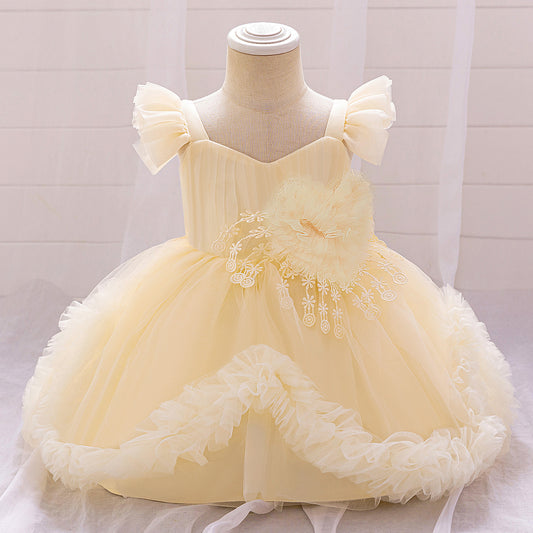 Cute Puffy Tulle Flower Girl Dress for Party & Wedding – Lace & Bow Detail