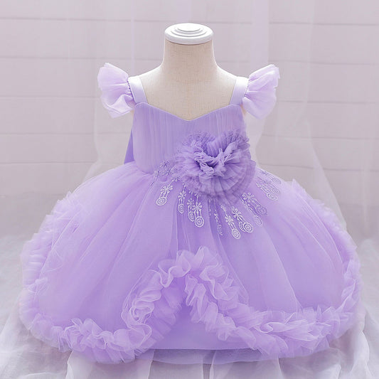 Cute Puffy Tulle Flower Girl Dress for Party & Wedding – Lace & Bow Detail