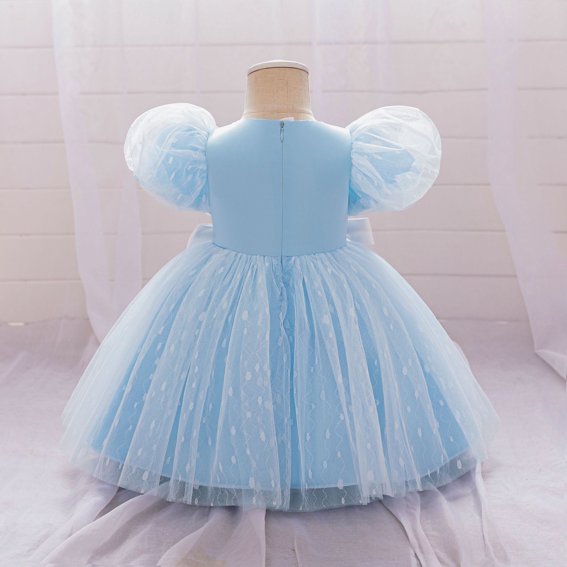 Puffy Tulle Flower Girl Princess Dress with Bow | Cute Bubble Sleeve Toddler Gown