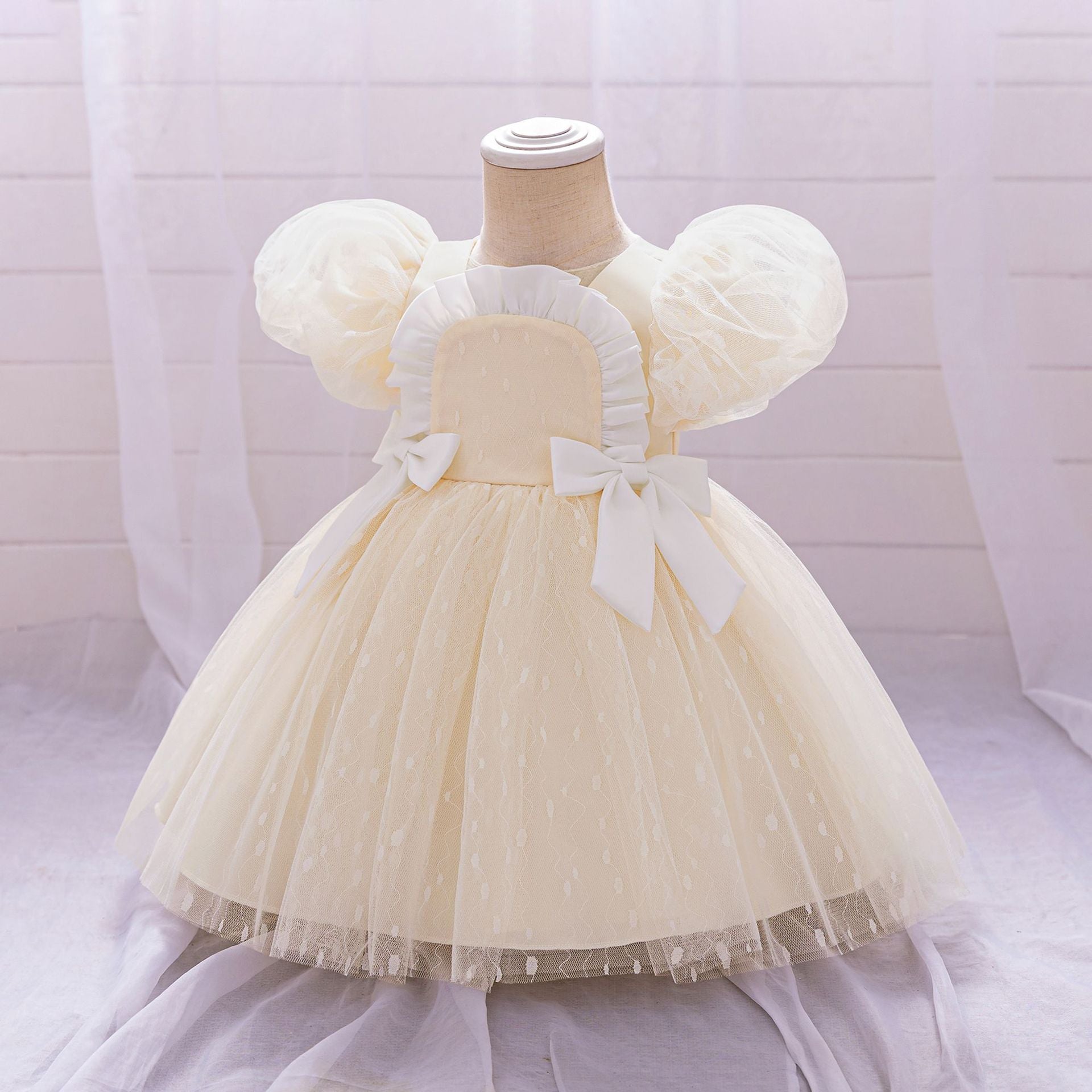 Puffy Tulle Flower Girl Princess Dress with Bow | Cute Bubble Sleeve Toddler Gown