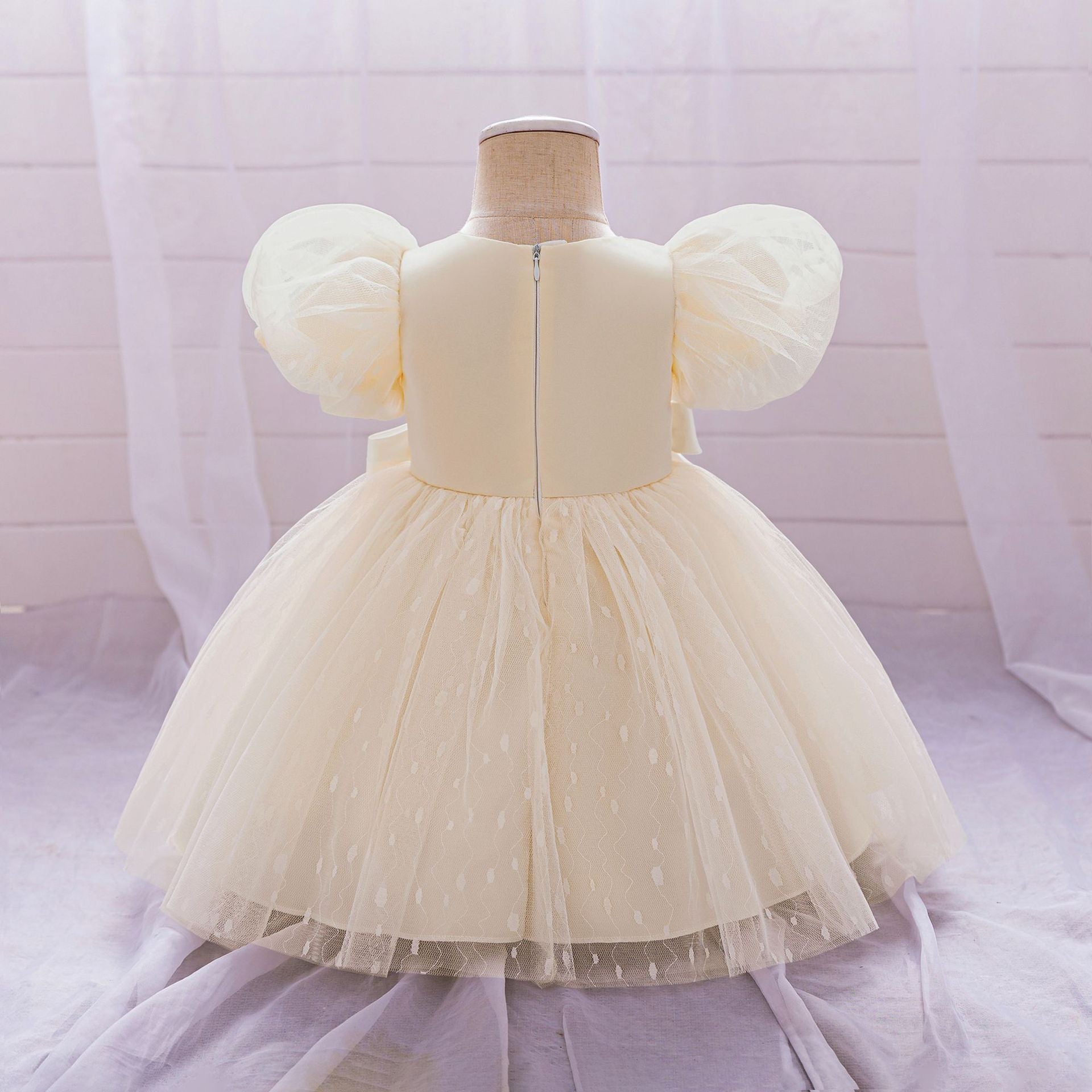 Puffy Tulle Flower Girl Princess Dress with Bow | Cute Bubble Sleeve Toddler Gown