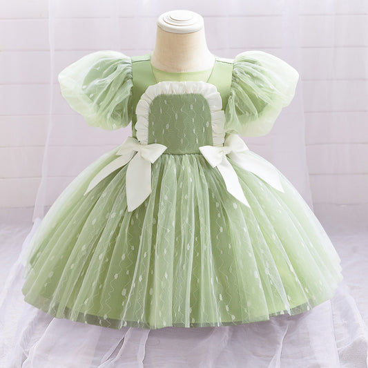 Puffy Tulle Flower Girl Princess Dress with Bow | Cute Bubble Sleeve Toddler Gown
