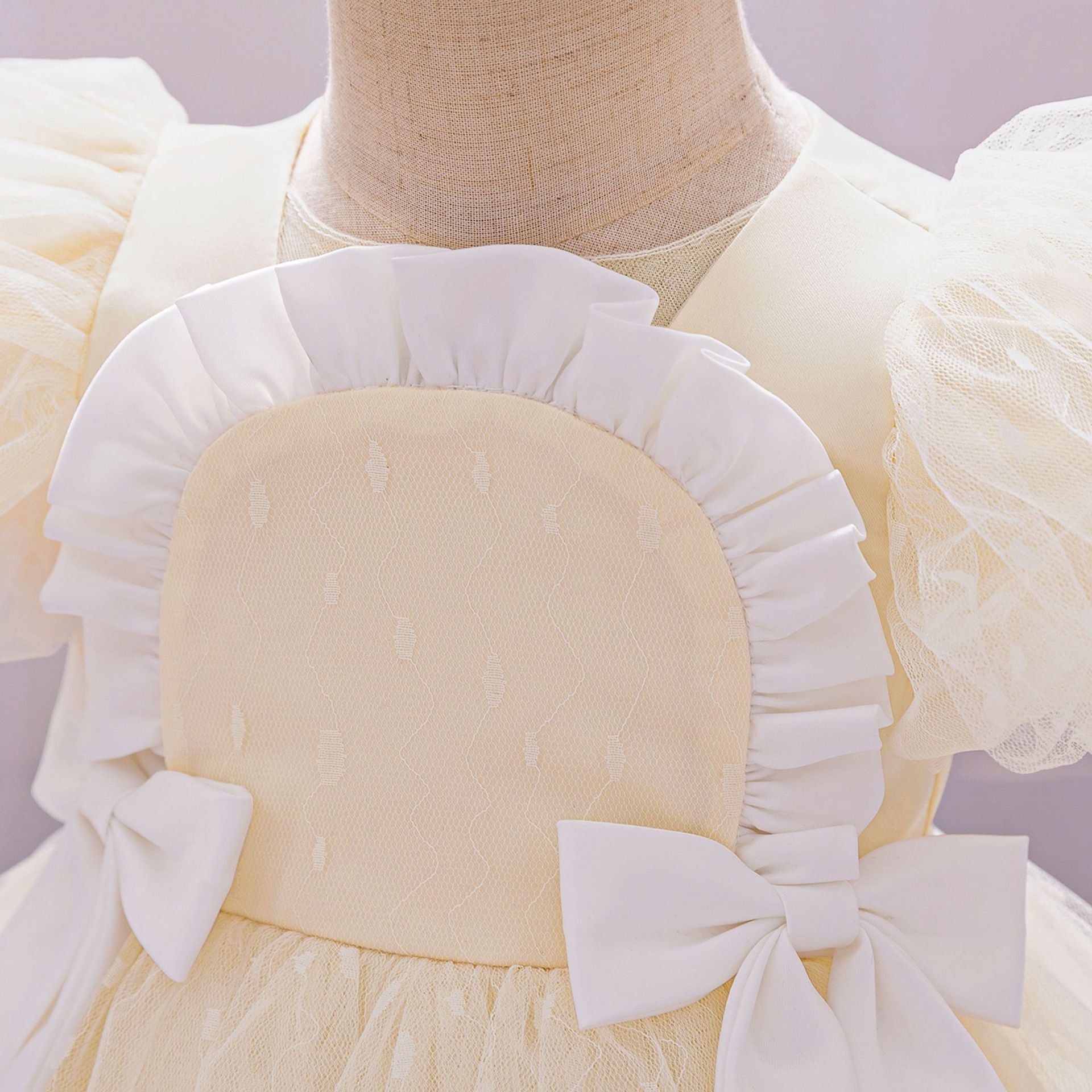 Puffy Tulle Flower Girl Princess Dress with Bow | Cute Bubble Sleeve Toddler Gown