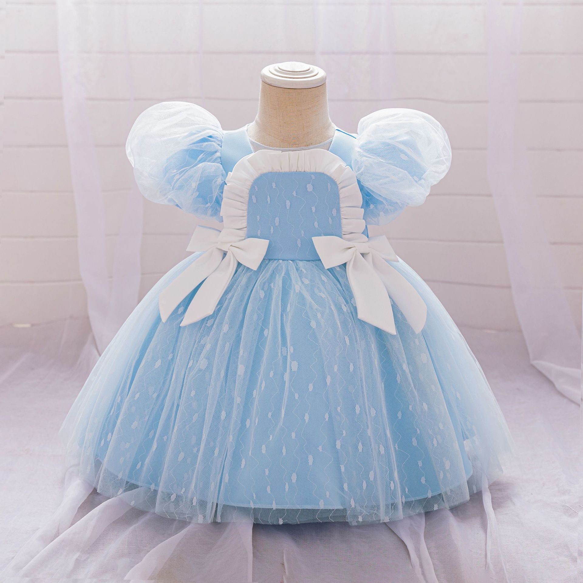 Puffy Tulle Flower Girl Princess Dress with Bow | Cute Bubble Sleeve Toddler Gown