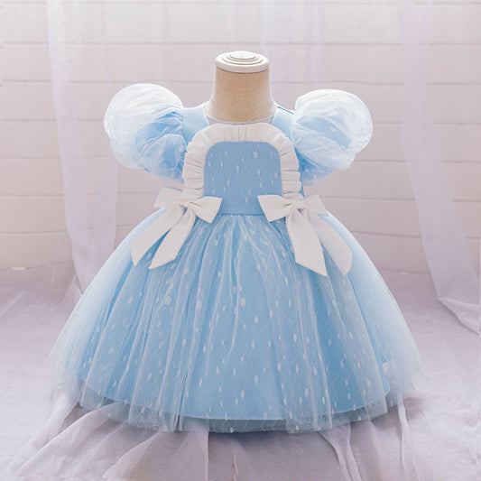 Puffy Tulle Flower Girl Princess Dress with Bow | Cute Bubble Sleeve Toddler Gown