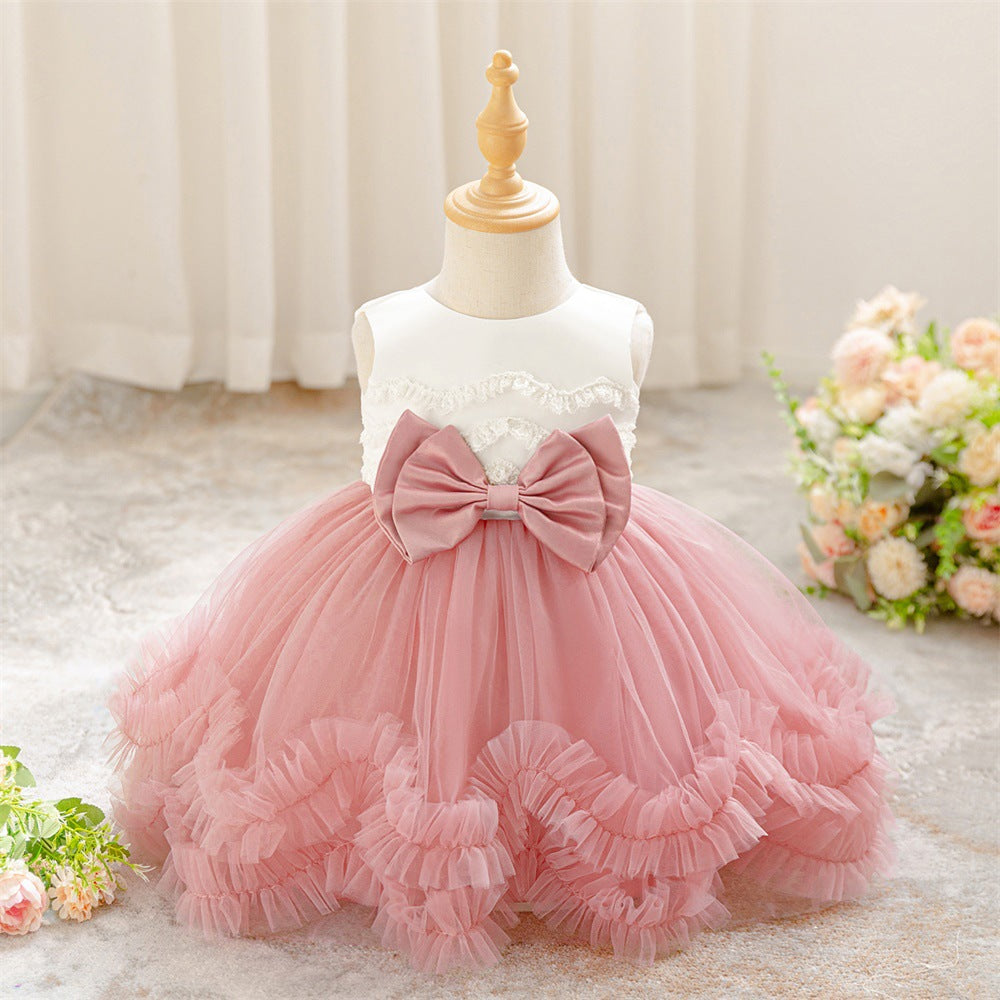 Puffy Ball Gown Tulle Dress with Bow & Lace for Girls – Tea Length Birthday Party Dress