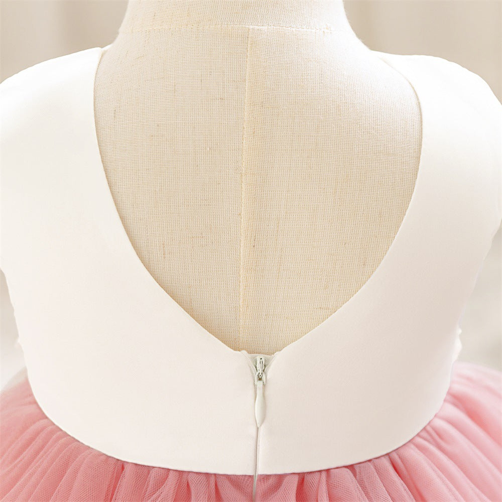 Puffy Ball Gown Tulle Dress with Bow & Lace for Girls – Tea Length Birthday Party Dress
