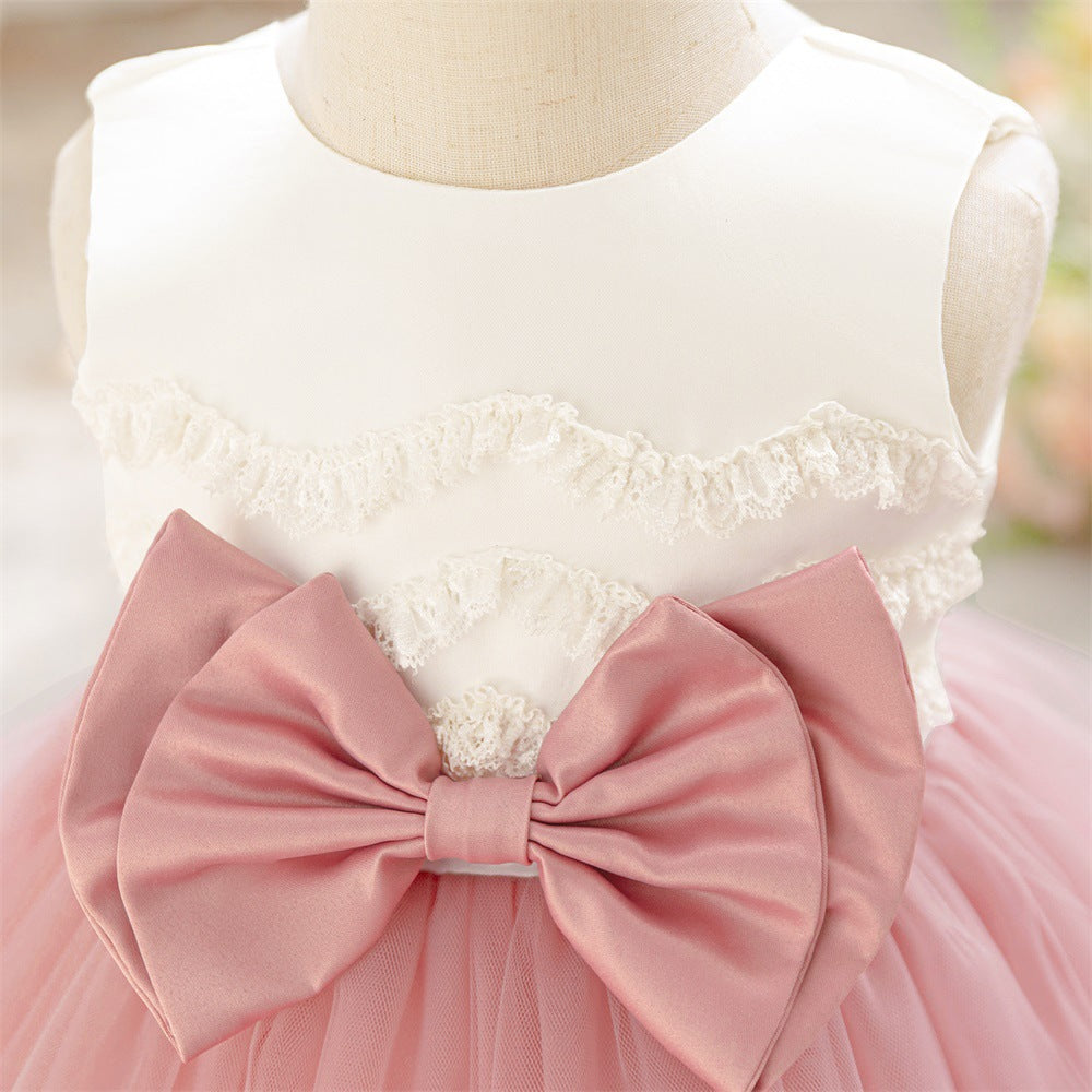 Puffy Ball Gown Tulle Dress with Bow & Lace for Girls – Tea Length Birthday Party Dress
