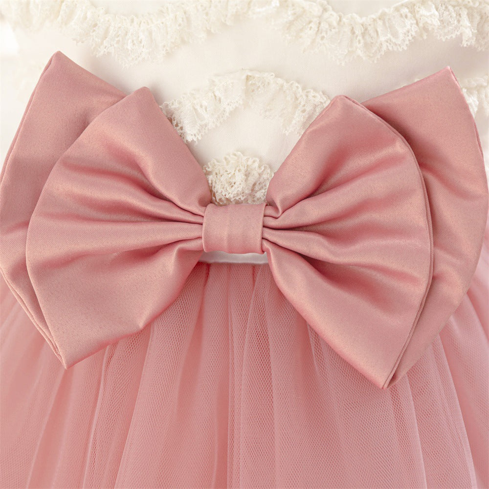 Puffy Ball Gown Tulle Dress with Bow & Lace for Girls – Tea Length Birthday Party Dress