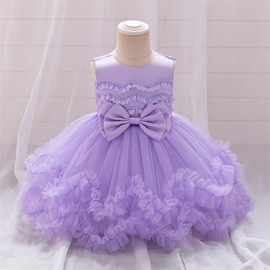 Puffy Ball Gown Tulle Dress with Bow & Lace for Girls – Tea Length Birthday Party Dress
