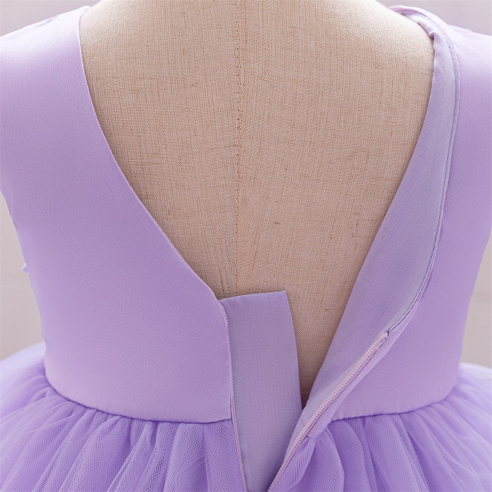 Puffy Ball Gown Tulle Dress with Bow & Lace for Girls – Tea Length Birthday Party Dress