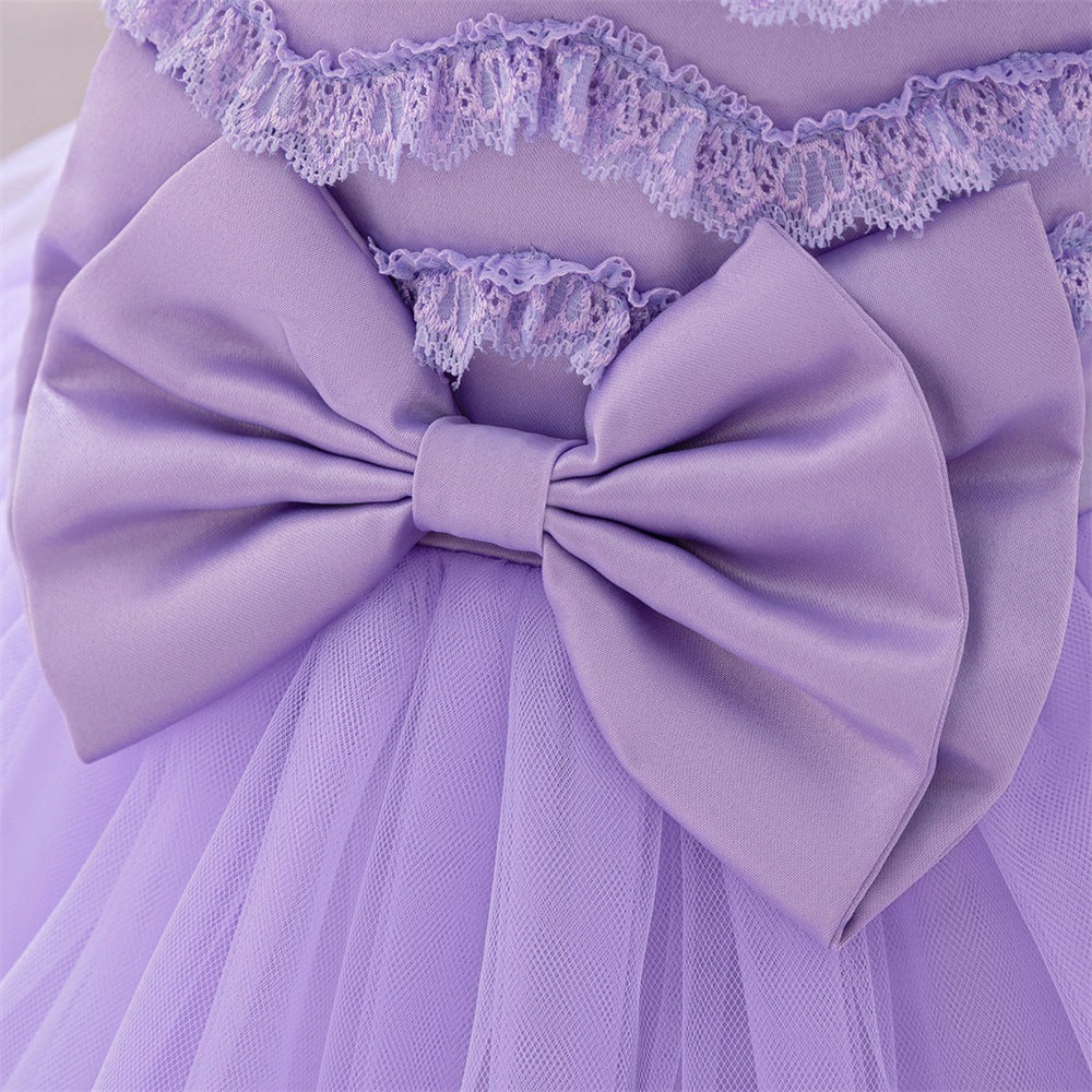 Puffy Ball Gown Tulle Dress with Bow & Lace for Girls – Tea Length Birthday Party Dress