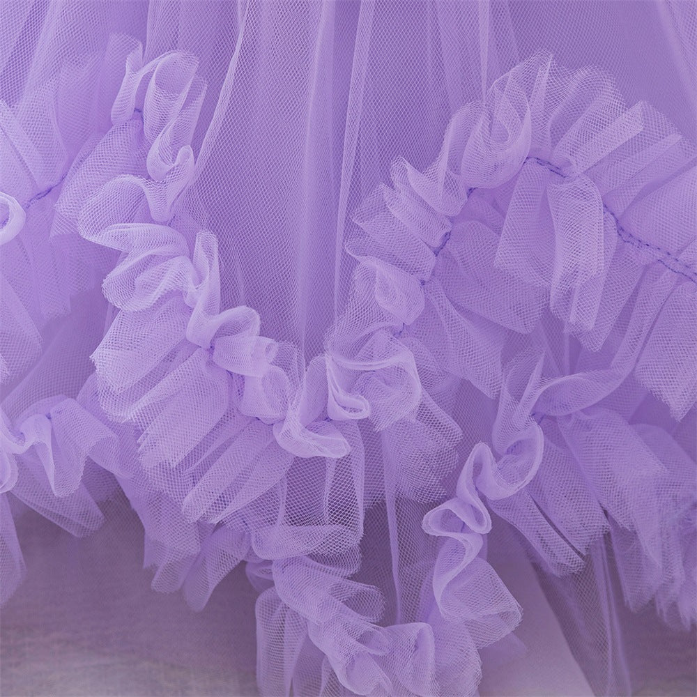 Puffy Ball Gown Tulle Dress with Bow & Lace for Girls – Tea Length Birthday Party Dress