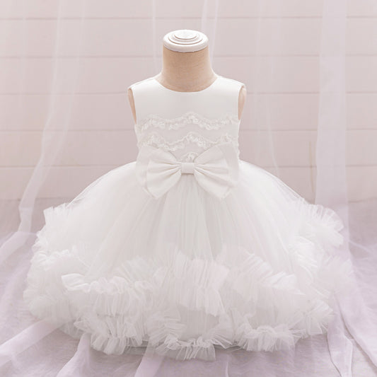 Cute Puffy Tulle Flower Girl Ball Gown Dress – Tiered Pleated Bow White Party Dress