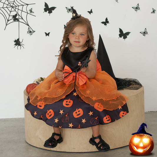 Pumpkin Cartoon Baby Girl Party Dress | Puffy Orange Tea-Length Ball Gown